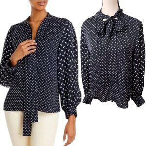 Theory $345 100% silk Navy/white graphic print Georgette Blouse Top Size S
